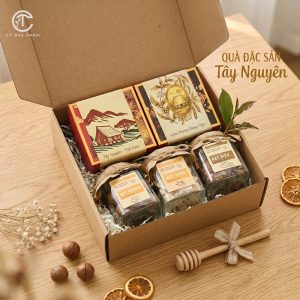 Hộp quà biếu đặc sản tây nguyên CT Bee với hạt điều, macca, mứt gừng viên
